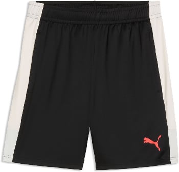 Schwarze Puma Shorts mit weißen Seitenstreifen und rotem Logo.