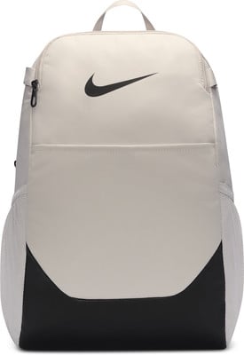 Ein beiger Nike-Rucksack mit schwarzem Logo und Details. Ein beiger Nike-Rucksack mit schwarzem Logo und Details.