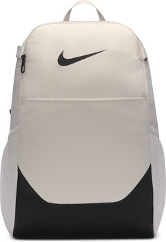 Ein beiger Nike-Rucksack mit schwarzem Logo und Details.