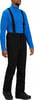 Ein Mann in einem blauen Langarmshirt mit schwarzen Hosenträgern und Hose.