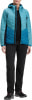 Damenjacke mit Kapuze und Rautenmuster in Blau- und Türkistönen.