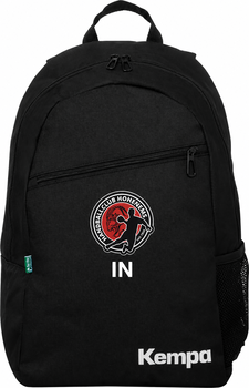 Schwarzer Rucksack mit dem Logo des HC Hohenems und dem Schriftzug IN.