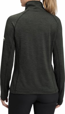 Dunkelgrüner Damenpullover mit langen Ärmeln und Stehkragen.