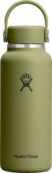 Grüne Hydro Flask Flasche mit Griff und Logo.