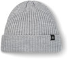 Graue Rippstrickmütze mit schwarzem Logo-Patch.