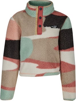 Damen-Fleece-Pullover mit buntem Muster und Druckknopfverschluss.