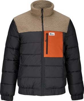 Schwarze Daunenjacke mit beige Fleecekragen und orangefarbener Tasche.