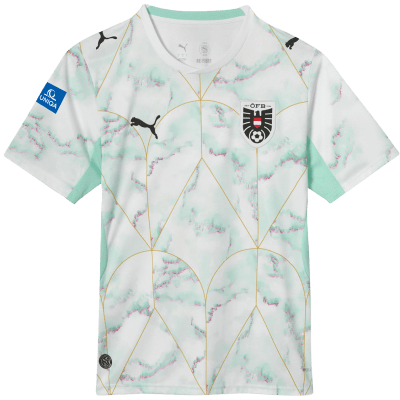 Fußballtrikot mit Marmormuster und goldenen Linien, mit Österreich-Logo.