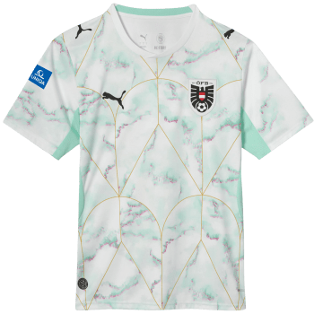 Fußballtrikot mit Marmormuster und goldenen Linien, mit Österreich-Logo.