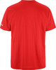 Rückseite eines roten T-Shirts mit Logo auf dem Ärmel.