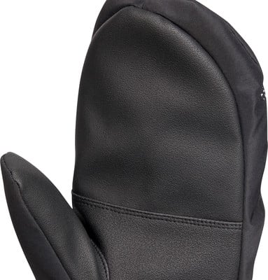 Detailaufnahme eines schwarzen Lederhandschuhs mit Textilakzenten. Detailaufnahme eines schwarzen Lederhandschuhs mit Textilakzenten.