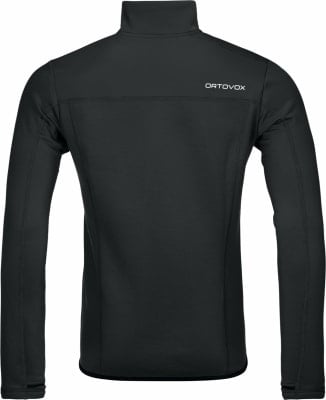 Schwarze Herrenjacke mit langen Ärmeln und ORTOVOX-Logo auf dem Rücken. Schwarze Herrenjacke mit langen Ärmeln und ORTOVOX-Logo auf dem Rücken.