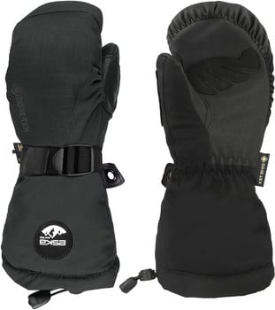 Schwarze Skifäustlinge mit GORE-TEX-Logo und verstellbarem Riemen.