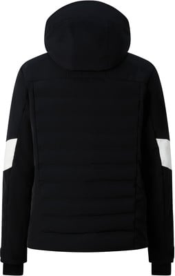 Schwarze Daunenjacke mit weißen Streifen an den Ärmeln und Kapuze. Schwarze Daunenjacke mit weißen Streifen an den Ärmeln und Kapuze.