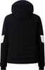 Schwarze Daunenjacke mit weißen Streifen an den Ärmeln und Kapuze.