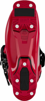 Roter Skischuh mit schwarzer Sohle und weißen Schrauben. Roter Skischuh mit schwarzer Sohle und weißen Schrauben.
