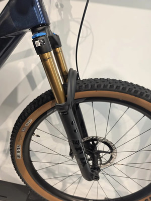 Fahrradgabel mit Dämpfer und Scheibenbremse vorne. Fahrradgabel mit Dämpfer und Scheibenbremse vorne.