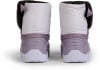 Rückansicht eines Paares lila und weißer Winterstiefel mit Textilmanschette.