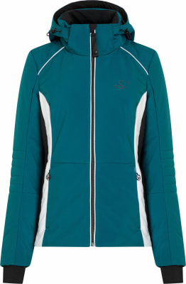 Damen dunkel-türkise Skijacke mit weißen und schwarzen Details. Damen dunkel-türkise Skijacke mit weißen und schwarzen Details.