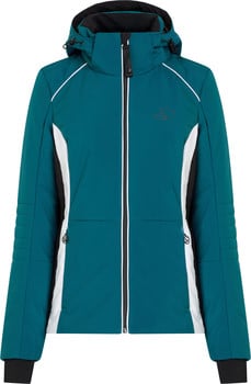 Damen dunkel-türkise Skijacke mit weißen und schwarzen Details.