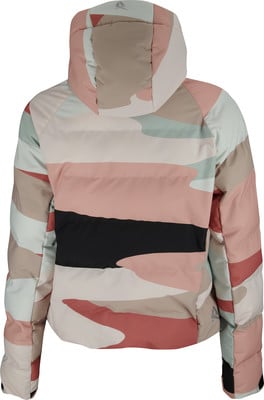 Rückansicht einer Damenjacke mit buntem Camouflage-Muster. Rückansicht einer Damenjacke mit buntem Camouflage-Muster.