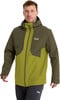 Ein Mann in einer grünen Jacke mit Kapuze und Jack Wolfskin-Logo.