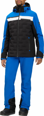 Ein Mann in einer blauen Skijacke und Hose mit schwarzen und weißen Elementen. Ein Mann in einer blauen Skijacke und Hose mit schwarzen und weißen Elementen.