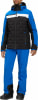 Ein Mann in einer blauen Skijacke und Hose mit schwarzen und weißen Elementen.