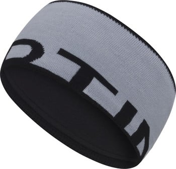 Graues Strickstirnband mit schwarzem Logo und schwarzem Futter.