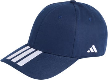 Dunkelblaue Adidas-Kappe mit weißen Streifen und Logo.