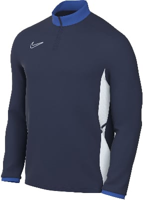 Dunkelblaue Nike-Jacke mit weißem Logo und blauem Kragen. Dunkelblaue Nike-Jacke mit weißem Logo und blauem Kragen.