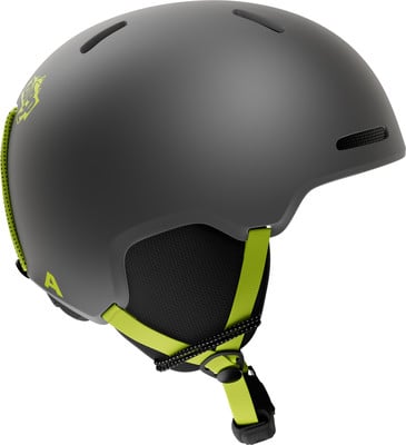 Grauer Skihelm mit limettengrünen Riemen und Logo. Grauer Skihelm mit limettengrünen Riemen und Logo.