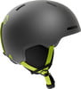 Grauer Skihelm mit limettengrünen Riemen und Logo.