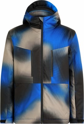 Blaue Herrenjacke mit Kapuze und abstraktem Muster.