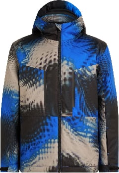 Blaue Herrenjacke mit Kapuze und abstraktem Muster.
