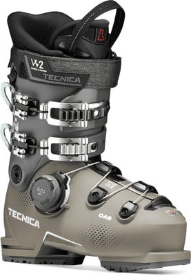 Ein grauer Tecnica Skischuh mit BOA-System und verstellbaren Schnallen. Ein grauer Tecnica Skischuh mit BOA-System und verstellbaren Schnallen.