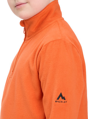 Orangefarbener Fleecepullover mit Reißverschluss am Kragen und McKinley-Logo. Orangefarbener Fleecepullover mit Reißverschluss am Kragen und McKinley-Logo.