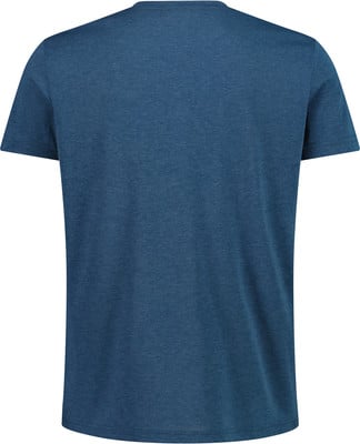 Rückseite eines dunkelblauen T-Shirts mit kurzen Ärmeln aus meliertem Stoff. Rückseite eines dunkelblauen T-Shirts mit kurzen Ärmeln aus meliertem Stoff.