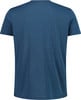 Rückseite eines dunkelblauen T-Shirts mit kurzen Ärmeln aus meliertem Stoff.
