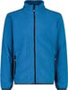 Blaue Fleecejacke mit durchgehendem Reißverschluss und Stehkragen.