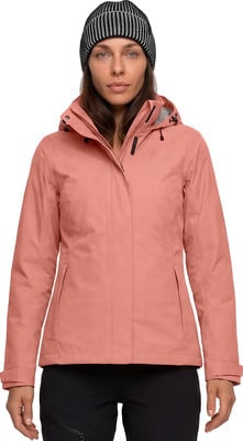 Damen-Winterjacke in Rosa mit schwarzer Mütze und Hose. Damen-Winterjacke in Rosa mit schwarzer Mütze und Hose.