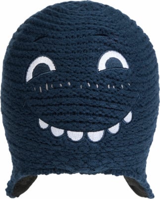 Dunkelblaue Strickmütze mit Monstergesicht und Ohrenklappen.