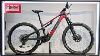 Ein rotes und schwarzes Mountain-E-Bike mit RX-Logo auf dem Rahmen.