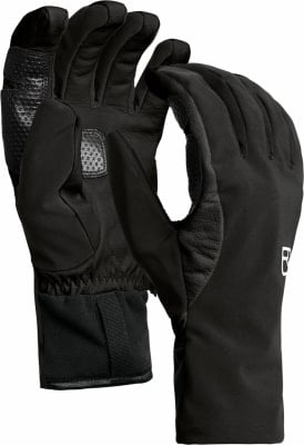 Schwarze Handschuhe mit Leder- und Textilelementen und Logo. Schwarze Handschuhe mit Leder- und Textilelementen und Logo.