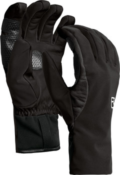 Schwarze Handschuhe mit Leder- und Textilelementen und Logo.