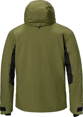 Grüne Jacke mit Kapuze und schwarzen Einsätzen an den Seiten und Ärmeln.