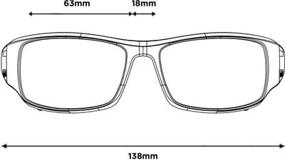 Nákres okuliarov s rozmermi 63 mm, 18 mm a 138 mm. Nákres okuliarov s rozmermi 63 mm, 18 mm a 138 mm.