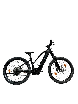 Ein schwarzes E-Mountainbike mit Federung und breiten Reifen.