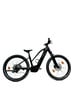 Ein schwarzes E-Mountainbike mit Federung und breiten Reifen.