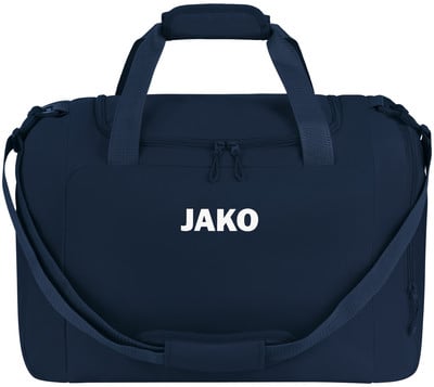 Eine dunkelblaue Sporttasche mit weißem JAKO-Logo und einem Schultergurt.